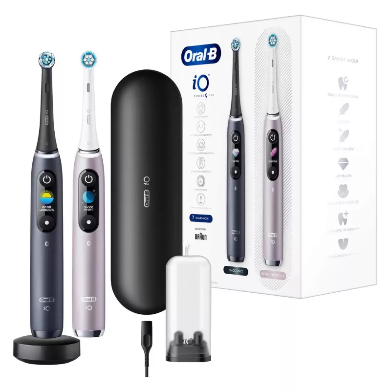 Szczoteczka elektryczna Oral-B iO 9 dla dorosłych, rotacyjna, 2 uchwyty, 2 końcówki, wbudowany akumulator, ładowanie 3 h, czarno-różowa
