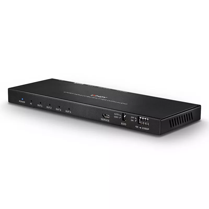 Rozdzielacz HDMI 18G Lindy z 4 portami, funkcją audio i skalowaniem w dół