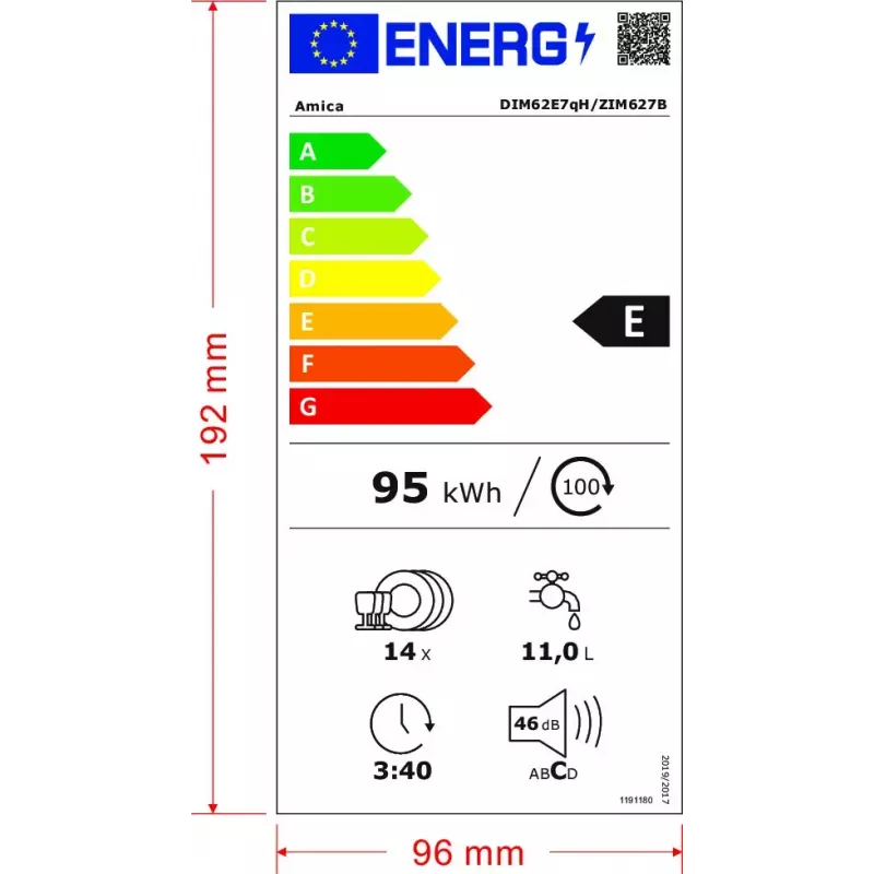 Zmywarka do zabudowy AMICA DIM62E7qH — 14 kompletów, 60 cm, wyświetlacz dotykowy LED, 7 programów, Biały