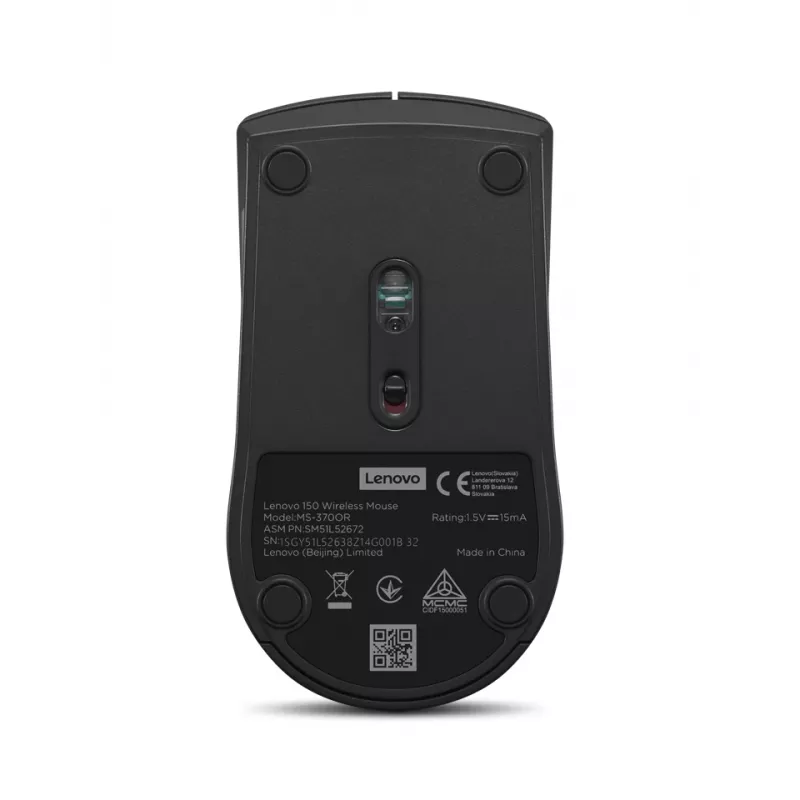 Mysz bezprzewodowa Lenovo 150 GY51L52638 — symetryczna, optyczna 1000 DPI, nano odbiornik USB 2,4 GHz, czarna, bateria AA