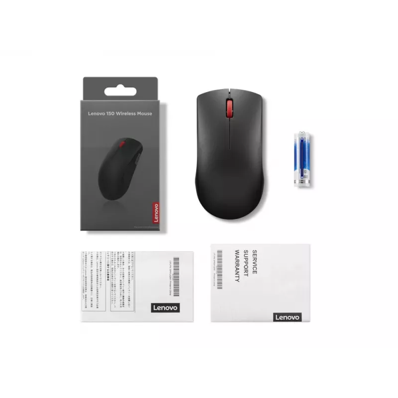 Mysz bezprzewodowa Lenovo 150 GY51L52638 — symetryczna, optyczna 1000 DPI, nano odbiornik USB 2,4 GHz, czarna, bateria AA