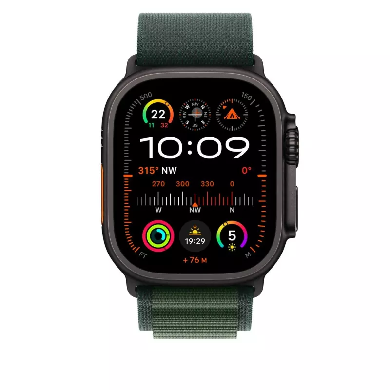 Pasek Apple 49 mm ciemnozielony Alpine Loop Small z wykończeniem z czarnego tytanu