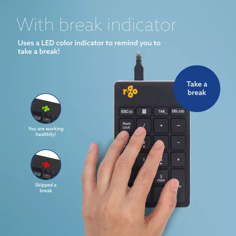 R-Go Tools Numeric keypad R-Go Numpad Break, ergonomiczna klawiatura numeryczna z oprogramowaniem do przerw, przewodowa, czarna