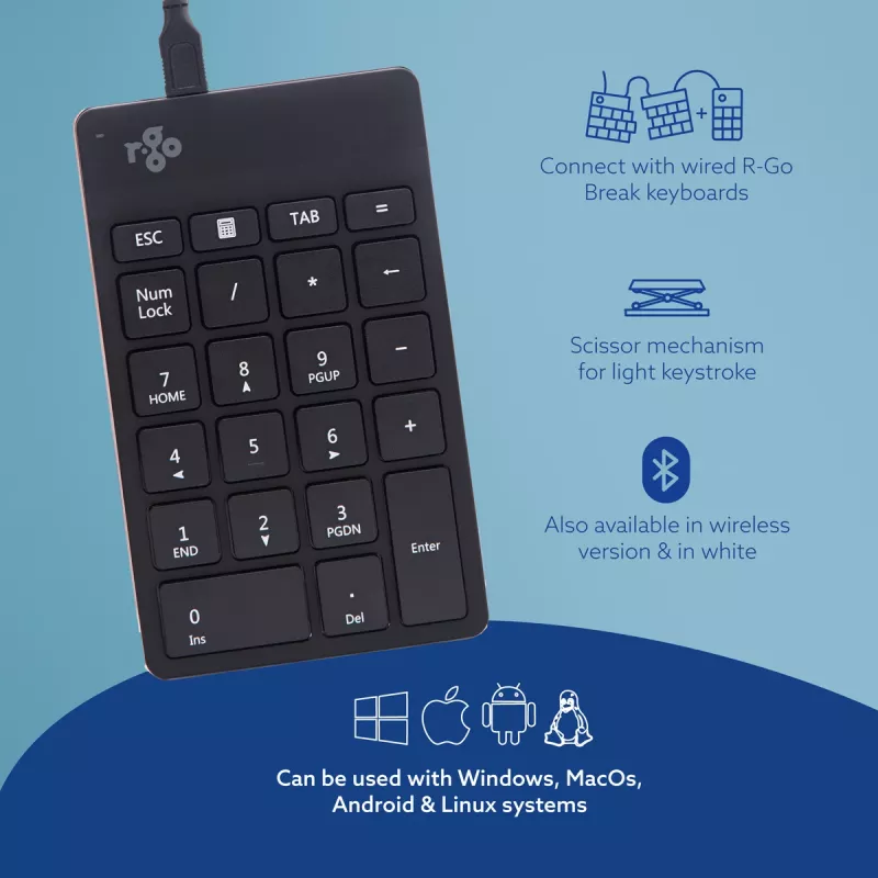 R-Go Tools Numeric keypad R-Go Numpad Break, ergonomiczna klawiatura numeryczna z oprogramowaniem do przerw, przewodowa, czarna