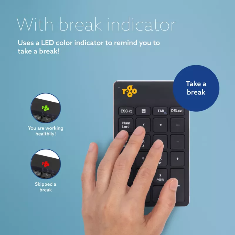 R-Go Tools Klawiatura numeryczna R-Go Numpad Break, ergonomiczna klawiatura numeryczna z oprogramowaniem przypominającym o przerwach, bluetooth, czarna