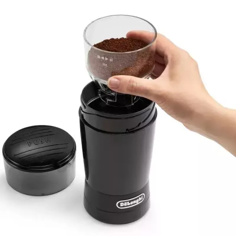 Młynek żarnowy do kawy De’Longhi KG200 — żarna ze stali nierdzewnej, pojemnik na ziarna 90 g, 170 W, czarny