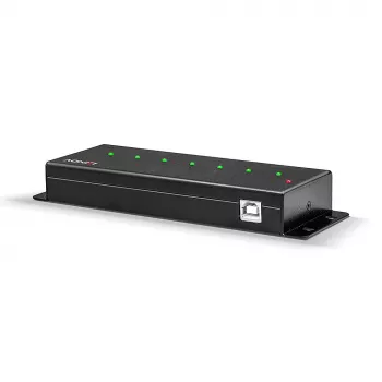 Lindy 42794 7-portowy przemysłowy hub USB 2.0 w metalowej obudowie, 480 Mbit/s, uchwyty montażowe, zewnętrzny zasilacz, czarny