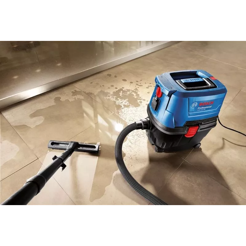 Odkurzacz cylindryczny Bosch GAS 15 PS Professional — na sucho, 1100 W, worek na kurz 15 l, zbiornik na ciecz 8 l, 270 mbar