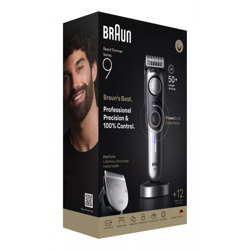 Braun BeardTrimmer 9 BT9560 trymer do brody Zasilany bateriami 52 2 cm Na mokro i sucho Czarny, Srebrny
