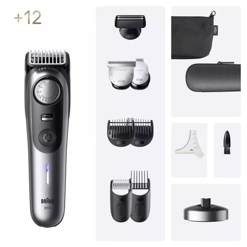 Braun BeardTrimmer 9 BT9560 trymer do brody Zasilany bateriami 52 2 cm Na mokro i sucho Czarny, Srebrny
