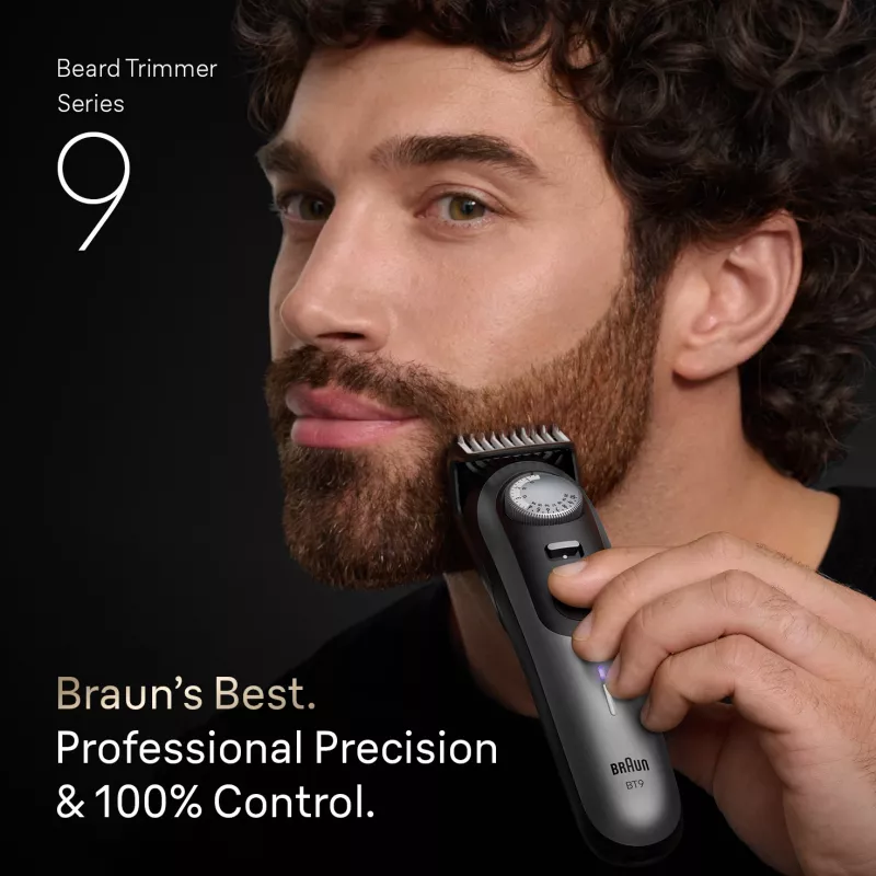 Braun BeardTrimmer 9 BT9560 trymer do brody Zasilany bateriami 52 2 cm Na mokro i sucho Czarny, Srebrny