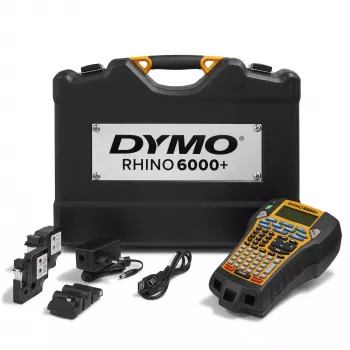 DYMO Rhino 6000+ Przemysłowa drukarka etykiet | Drukarka etykiet podłączana do komputera z twardym etui | Zawiera 1 kasetę z taśmą winylową, 1 kasetę z elastyczną taśmą nylonową i akumulator litowo-jonowy
