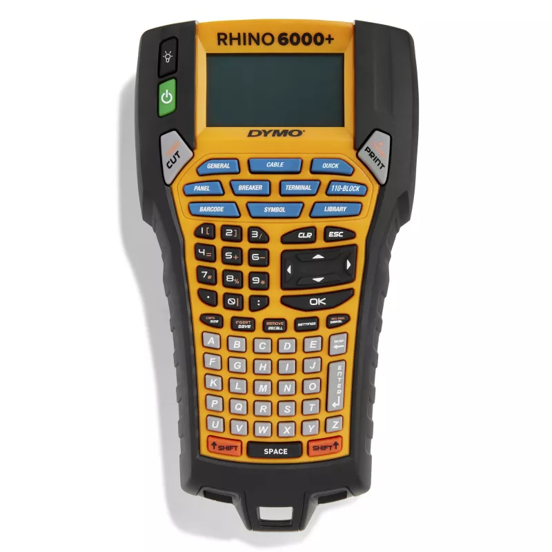DYMO Rhino 6000+ Przemysłowa drukarka etykiet | Drukarka etykiet podłączana do komputera z twardym etui | Zawiera 1 kasetę z taśmą winylową, 1 kasetę z elastyczną taśmą nylonową i akumulator litowo-jonowy