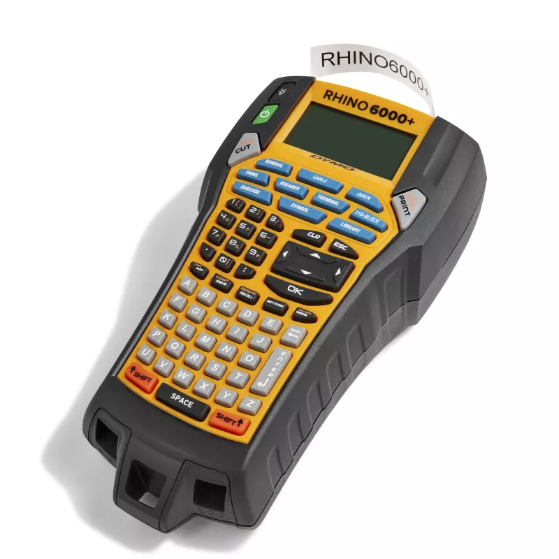 DYMO Rhino 6000+ Przemysłowa drukarka etykiet | Drukarka etykiet podłączana do komputera z twardym etui | Zawiera 1 kasetę z taśmą winylową, 1 kasetę z elastyczną taśmą nylonową i akumulator litowo-jonowy