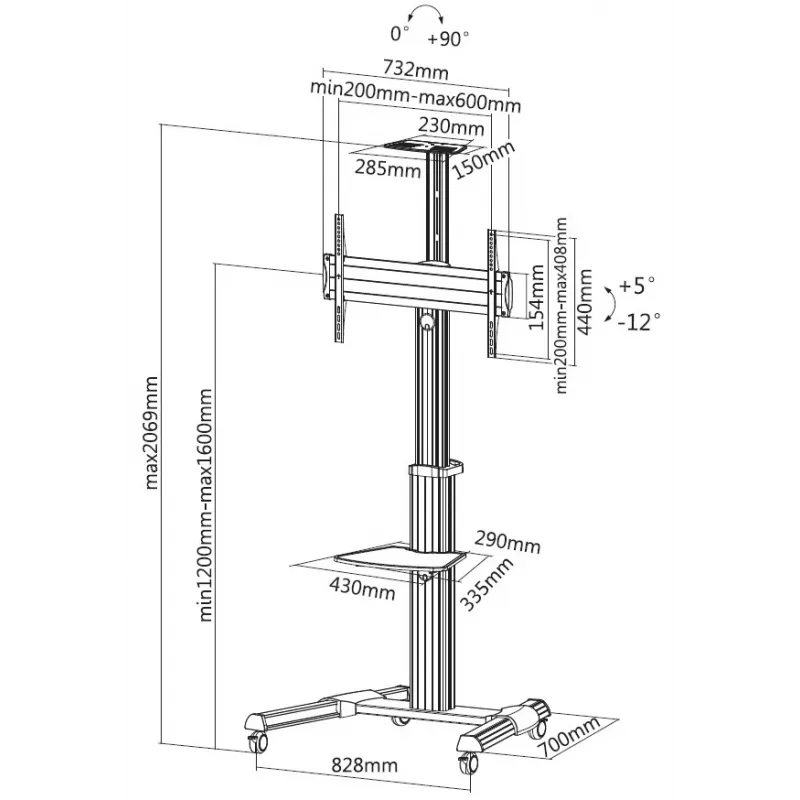 Equip 650602 37-70” 90° Obrotowy Wózek Pod Pojedynczy Wyświetlacz LFD, 50 kg, 94 cm (37 cali), 177,8 cm (70 cali), 200 x 200 mm, 600 x 400 mm, -12 - 5°