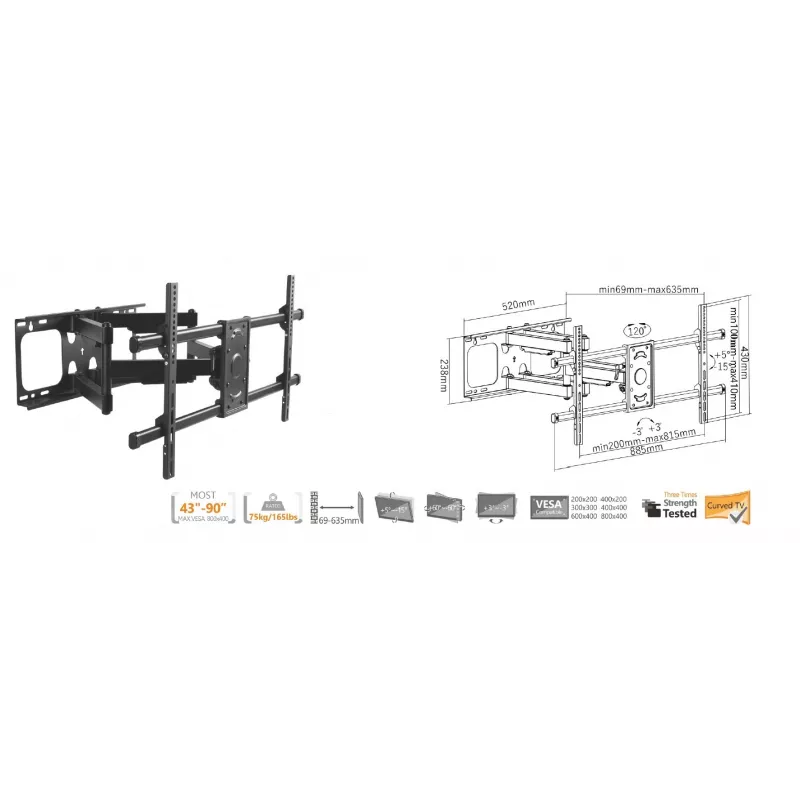 Uchwyt ścienny Equip 37-90 cali z funkcją pochylania/obrotu, 200 x 200 mm, 816 x 410 mm, -15 - 5°, -60 - 60°, stal, czarny