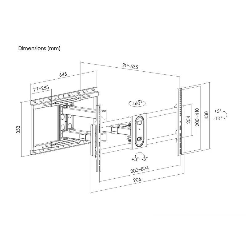 Equip 43–100 cali uchwyt pełnozakresowy do montażu telewizora, 200 x 200 mm, 800 x 400 mm, -10–5°, -60–60°, plastik, stal nierdzewna, czarny