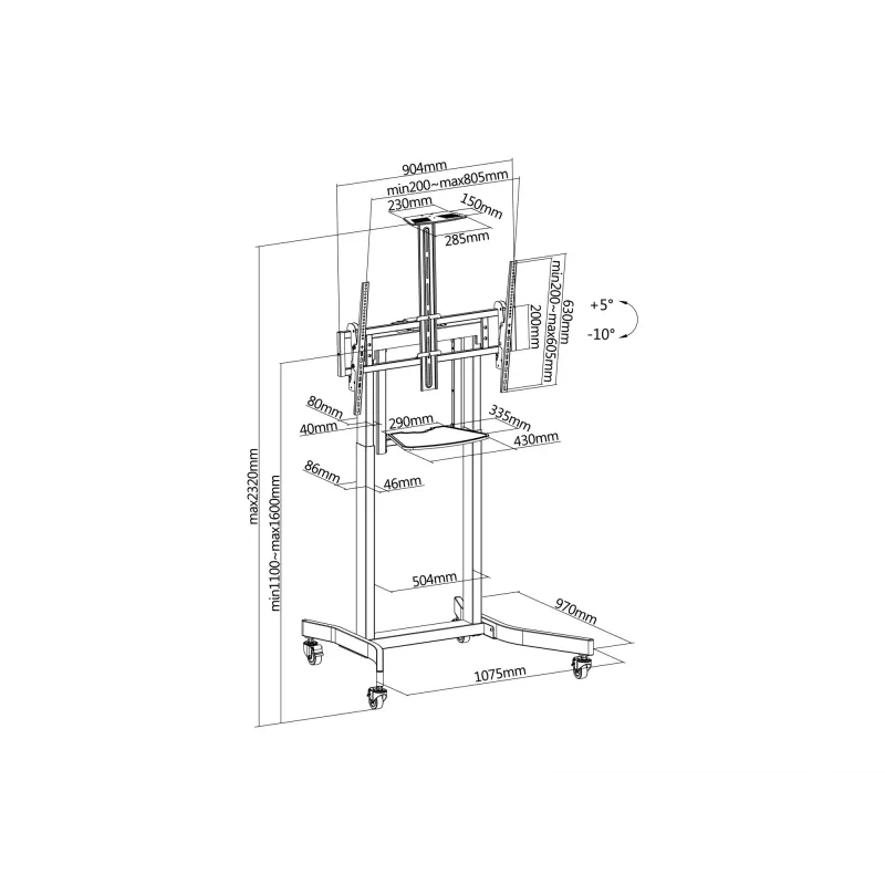 Wózek mobilny z napędem elektrycznym Equip 55-100 cali, 2,54 m (100 cali), 200 x 200 mm, 800 x 600 mm, -10 - 5°, aluminium, plastik, stal nierdzewna, czarny