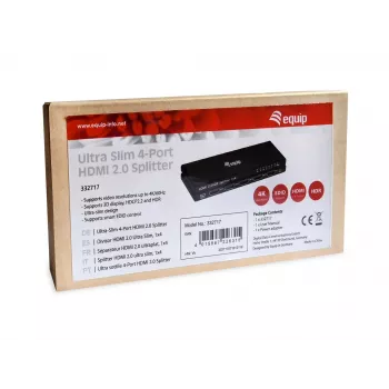 Equip Ultra cienki 4-Port HDMI 2.0 Splitter, HDMI, 4x HDMI, 3840 x 2160 pikseli, Czarny, Aluminium, 4K Ultra HD