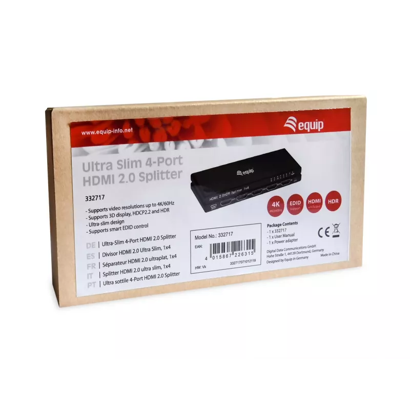 Equip Ultra cienki 4-Port HDMI 2.0 Splitter, HDMI, 4x HDMI, 3840 x 2160 pikseli, Czarny, Aluminium, 4K Ultra HD