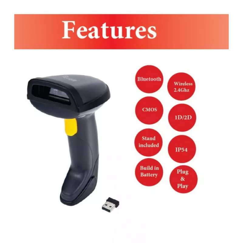 Equip Bezprzewodowy skaner kodów kreskowych 2D Dual Mode 2,4 GHz + Bluetooth, z podstawą