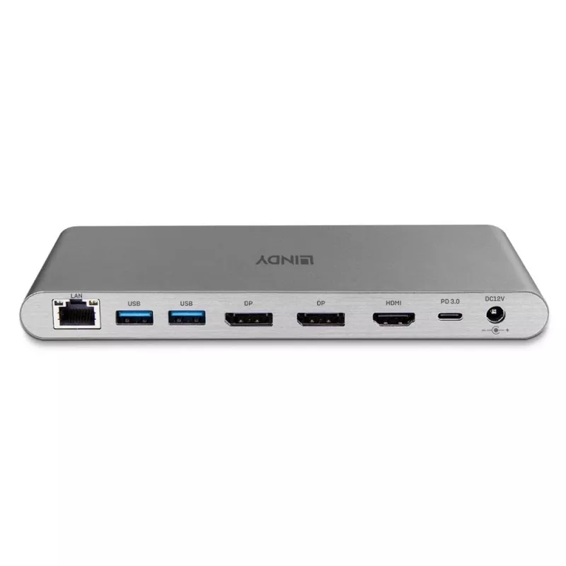 Lindy DST-Pro 5K XT, stacja dokująca do laptopa USB-C z potrójnym wyświetlaczem (4K) lub pojedynczym wyświetlaczem (5K) i ładowaniem passthrough 100 W