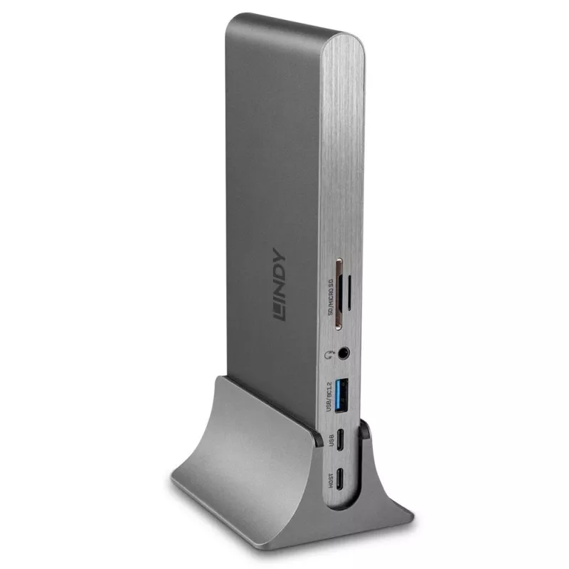 Lindy DST-Pro 5K XT, stacja dokująca do laptopa USB-C z potrójnym wyświetlaczem (4K) lub pojedynczym wyświetlaczem (5K) i ładowaniem passthrough 100 W