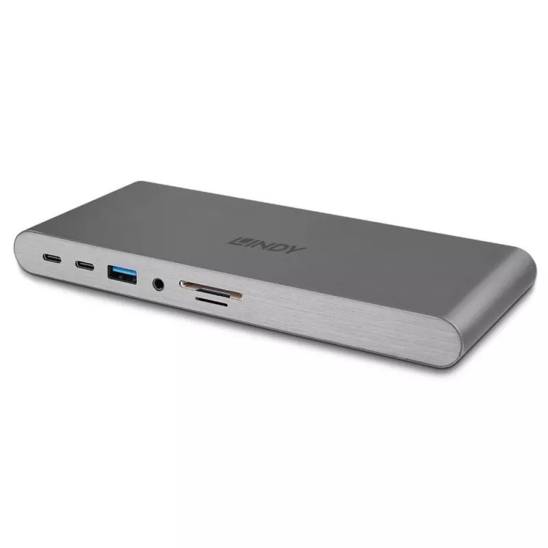 Lindy DST-Pro 5K XT, stacja dokująca do laptopa USB-C z potrójnym wyświetlaczem (4K) lub pojedynczym wyświetlaczem (5K) i ładowaniem passthrough 100 W