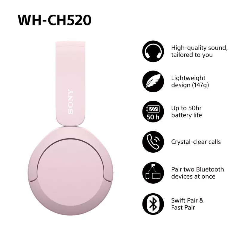 Sony WHCH520P.CE7, Bezprzewodowe, 20 - 20000 Hz, Rozmowy/Muzyka, 147 g, Słuchawki, Różowy