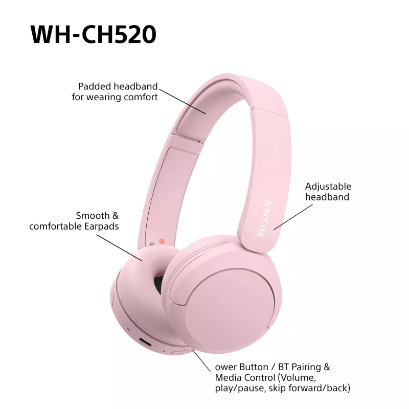 Sony WHCH520P.CE7, Bezprzewodowe, 20 - 20000 Hz, Rozmowy/Muzyka, 147 g, Słuchawki, Różowy