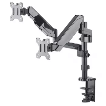 Manhattan Dual Desk Mount for TV & Monitors (Full Motion Gas Spring), For screens 10 inch to 27 inch, Clamp or Grommet Assembly, VESA compatibility: 75x75 and 100x100mm - check the dimensions of the four mounting holes on back of screen to ensure it fits, Max 8kg (each)