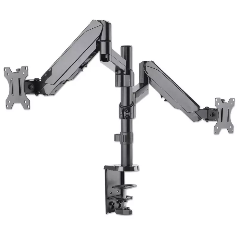 Manhattan Dual Desk Mount for TV & Monitors (Full Motion Gas Spring), For screens 10 inch to 27 inch, Clamp or Grommet Assembly, VESA compatibility: 75x75 and 100x100mm - check the dimensions of the four mounting holes on back of screen to ensure it fits, Max 8kg (each)