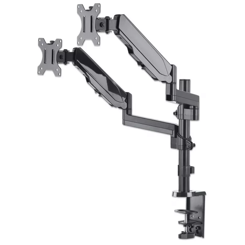 Manhattan Dual Desk Mount for TV & Monitors (Full Motion Gas Spring), For screens 10 inch to 27 inch, Clamp or Grommet Assembly, VESA compatibility: 75x75 and 100x100mm - check the dimensions of the four mounting holes on back of screen to ensure it fits, Max 8kg (each)