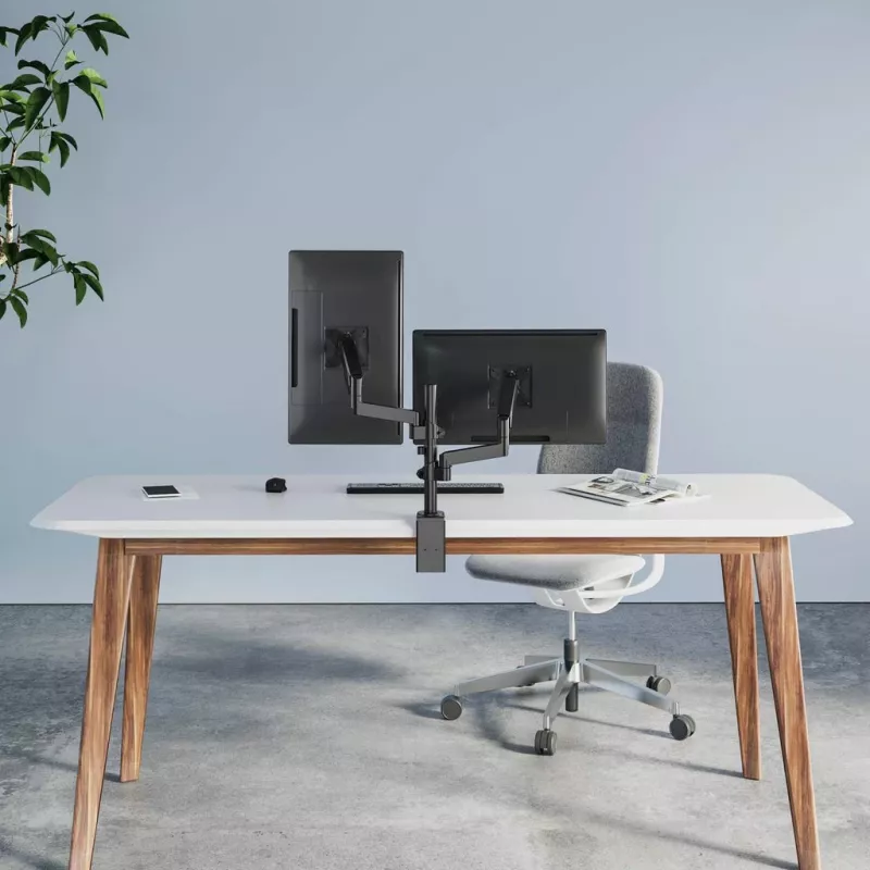 Manhattan Dual Desk Mount for TV & Monitors (Full Motion Gas Spring), For screens 10 inch to 27 inch, Clamp or Grommet Assembly, VESA compatibility: 75x75 and 100x100mm - check the dimensions of the four mounting holes on back of screen to ensure it fits, Max 8kg (each)