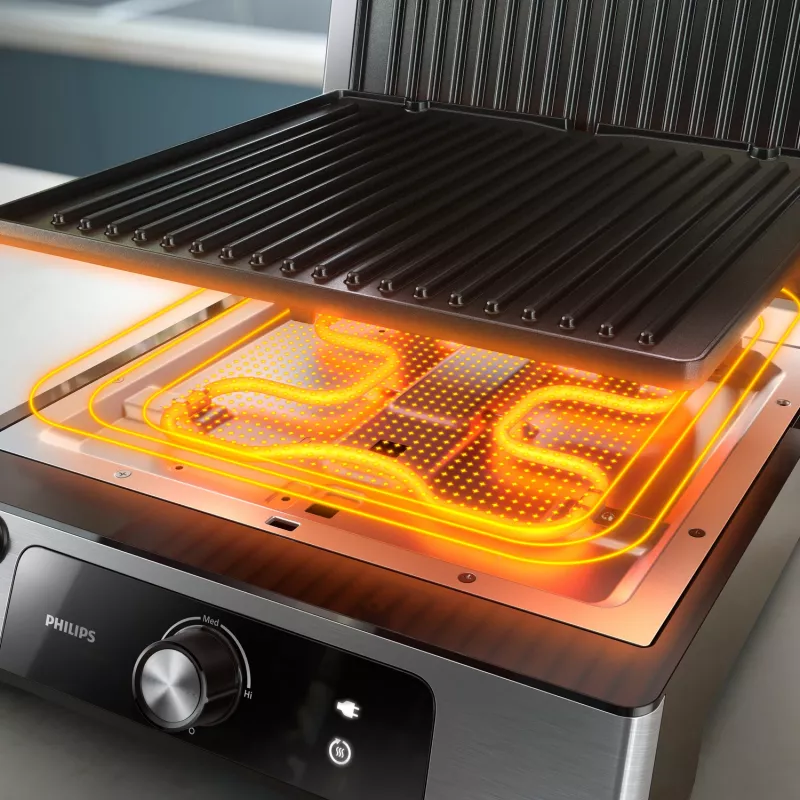 Philips 5000 series Grill kontaktowy, Aluminium, Prostokątny, Obrotowy, 200 °C, Pokrywa na zawiasach, Pokrywa z blokadą, 180°