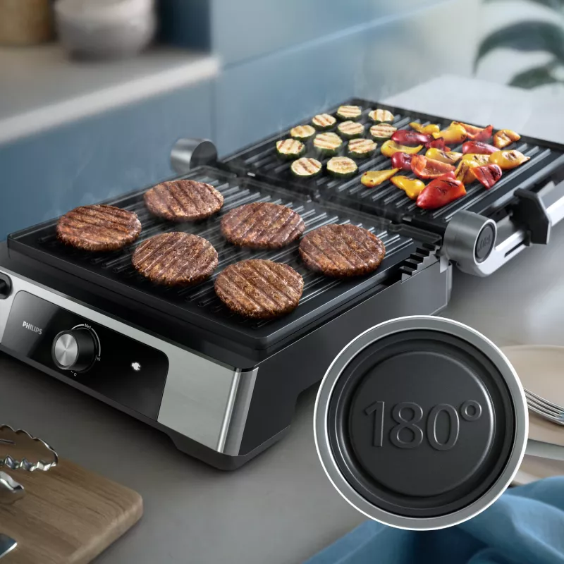 Philips 5000 series Grill kontaktowy, Aluminium, Prostokątny, Obrotowy, 200 °C, Pokrywa na zawiasach, Pokrywa z blokadą, 180°
