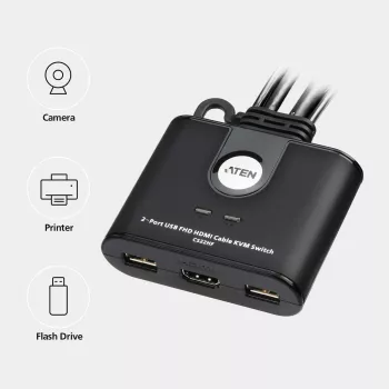 ATEN 2-Port USB FHD HDMI kabel KVM Switch, 1920 x 1200 pikseli, Full HD, 1.518 W, czarny