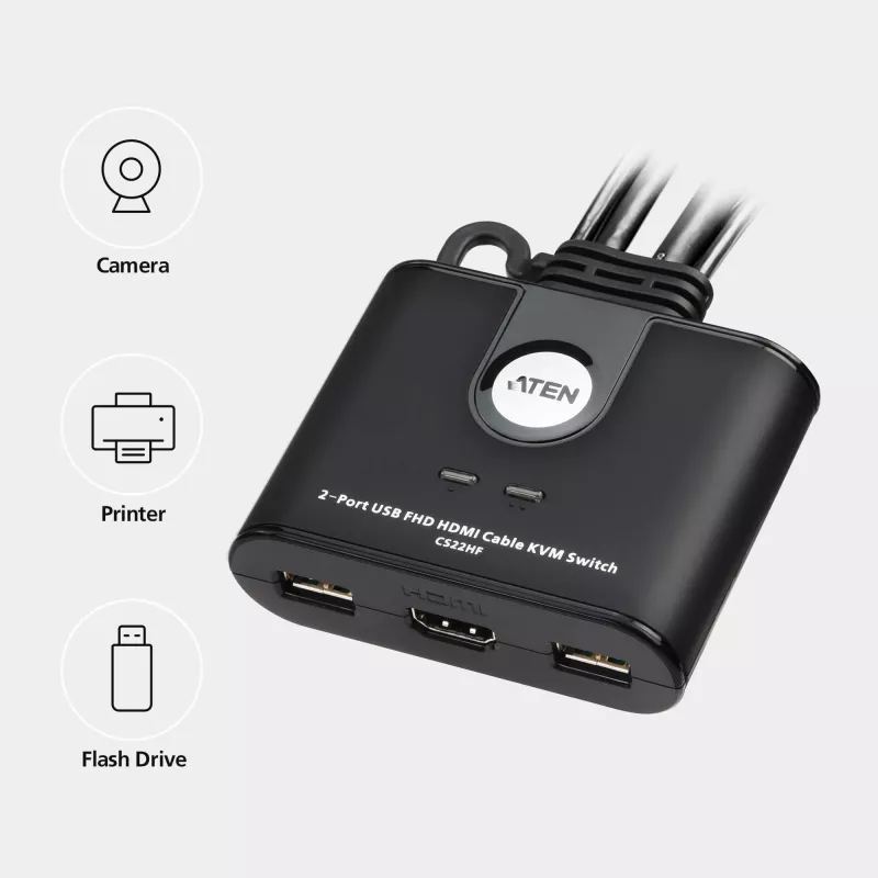 ATEN 2-Port USB FHD HDMI kabel KVM Switch, 1920 x 1200 pikseli, Full HD, 1.518 W, czarny
