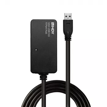 Lindy 10m USB 3.0 Active Extension Pro Hub, USB 3.2 Gen 1 (3.1 Gen 1) Type-A, USB 3.2 Gen 1 (3.1 Gen 1) Type-A, 5000 Mbit/s, czarny, tworzywo sztuczne, kabel okrągły