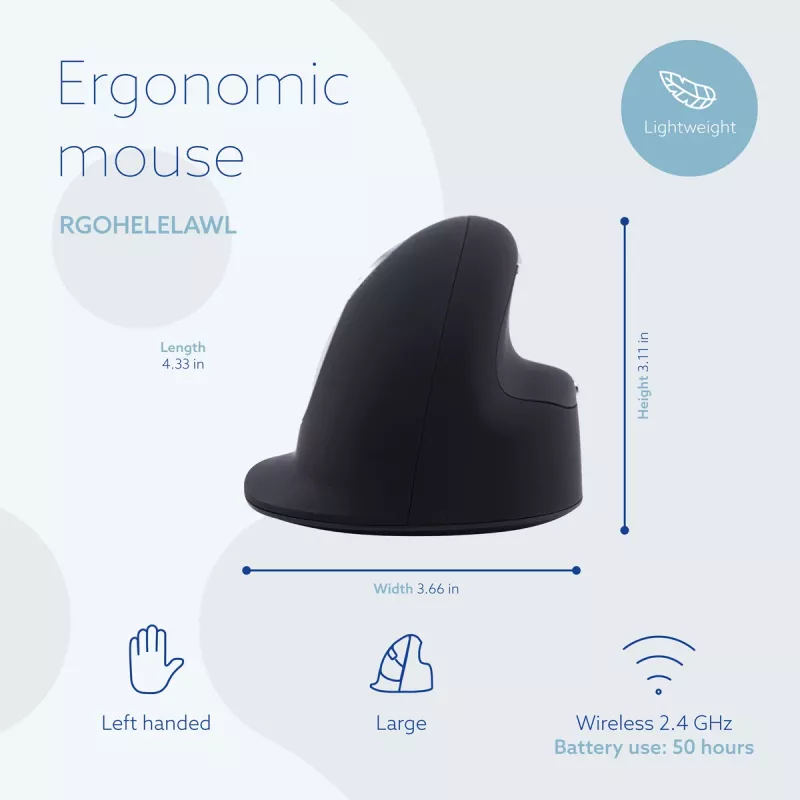 Mysz ergonomiczna R-Go HE Break z oprogramowaniem do przerw, duża (rozmiar dłoni ≥ 185 mm), dla leworęcznych, Bluetooth, czarna