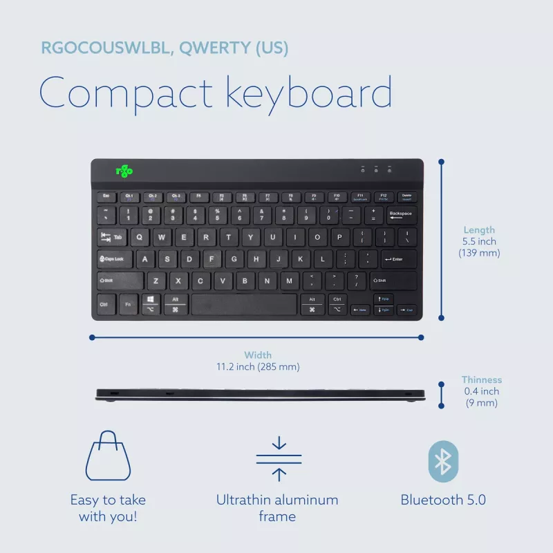 Klawiatura ergonomiczna R-Go Tools R-Go Compact Break, kompaktowa klawiatura z oprogramowaniem do przerw, QWERTY (US), Bluetooth, czarna