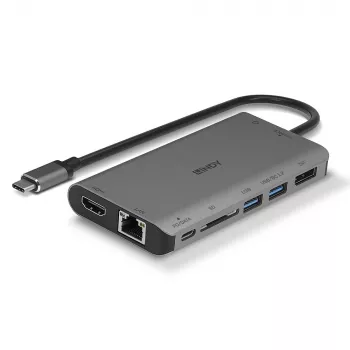 Lindy DST-Mini XT, Mini stacja dokująca do laptopa USB-C z obsługą jednego wyświetlacza (4K) lub dwóch wyświetlaczy (Full HD) oraz ładowaniem przelotowym 100 W