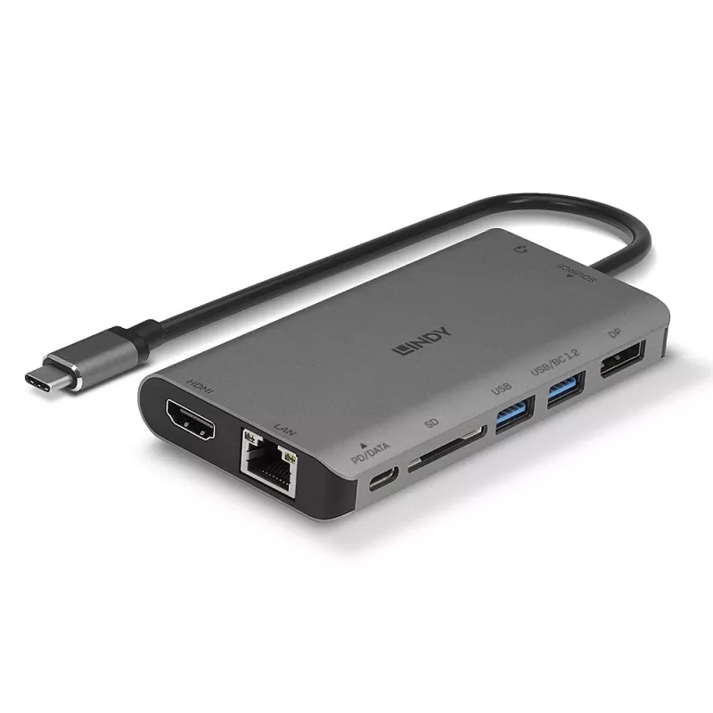 Lindy DST-Mini XT, Mini stacja dokująca do laptopa USB-C z obsługą jednego wyświetlacza (4K) lub dwóch wyświetlaczy (Full HD) oraz ładowaniem przelotowym 100 W