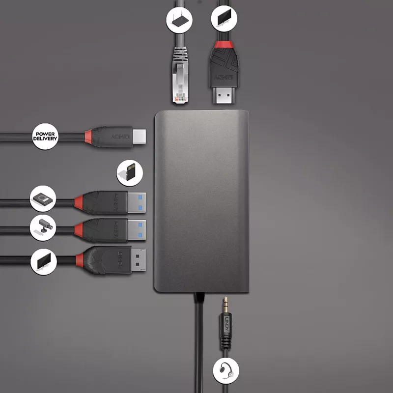 Lindy DST-Mini XT, Mini stacja dokująca do laptopa USB-C z obsługą jednego wyświetlacza (4K) lub dwóch wyświetlaczy (Full HD) oraz ładowaniem przelotowym 100 W