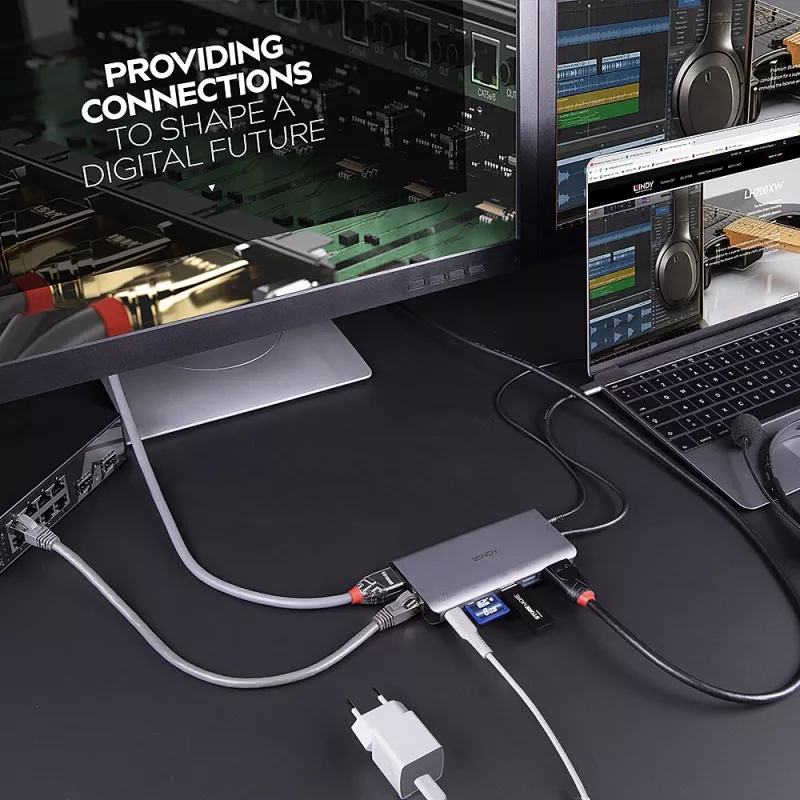 Lindy DST-Mini XT, Mini stacja dokująca do laptopa USB-C z obsługą jednego wyświetlacza (4K) lub dwóch wyświetlaczy (Full HD) oraz ładowaniem przelotowym 100 W