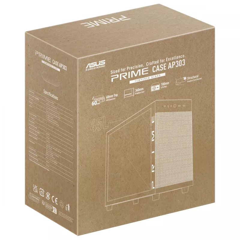 ASUS PRIME AP303 TG Czarny, PC, Czarny, micro ATX, Mini-ITX, ATX, 16.5 cm, 36 cm, 18 cm