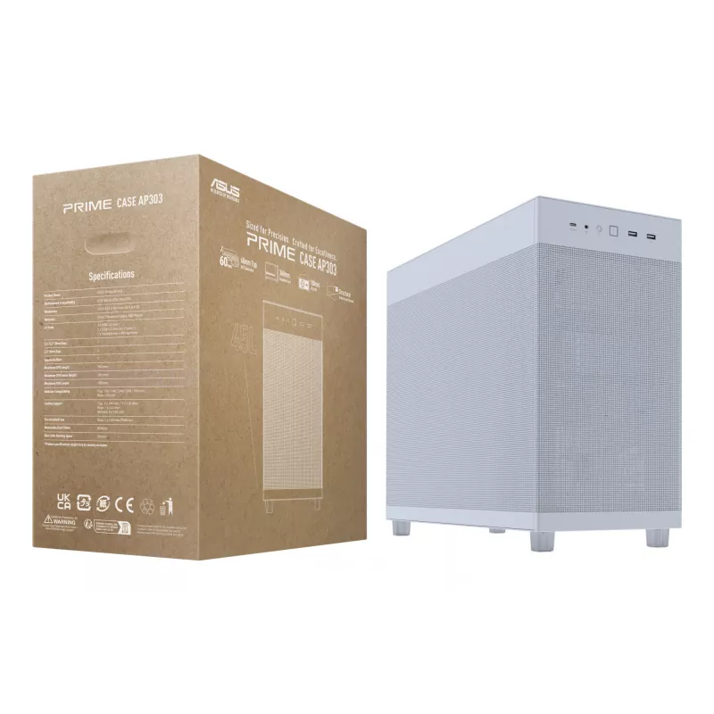 PC case ASUS PRIME AP303 Mesh Midi Tower biały — ATX/Micro ATX/Mini-ITX, GPU do 36 cm, PSU do 18 cm, wysokość chłodzenia CPU 16.5 cm