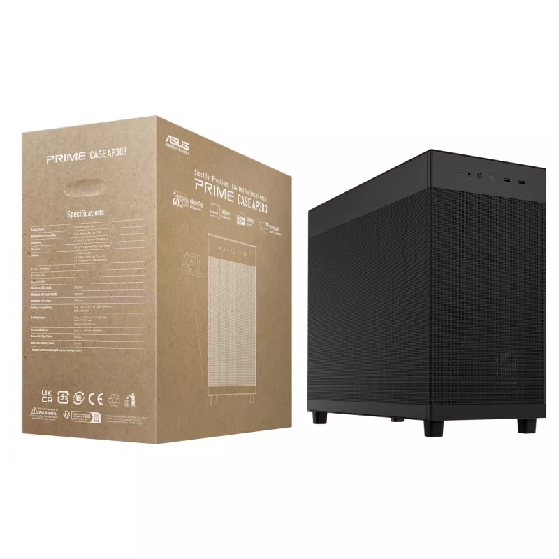 Obudowa PC ASUS Prime AP303 Mesh Midi Tower — ATX, obsługa GPU 36 cm, chłodnica CPU 165 mm, USB-A 2×, USB-C 1