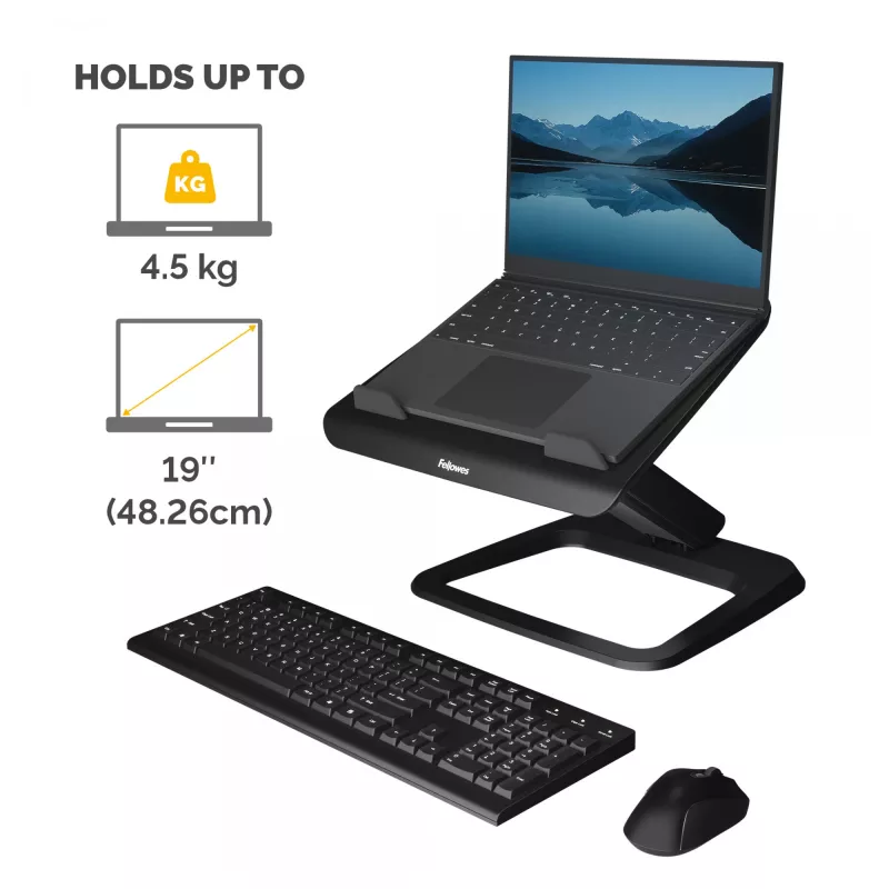 Podstawka pod laptopa Fellowes na biurko – Hana LT – podstawka pod laptopa do domu i biura – regulowana podstawka pod laptopa z 3 poziomami regulacji wysokości – maks. rozmiar monitora 19 cali, maks. waga 4,5 kg – czarna