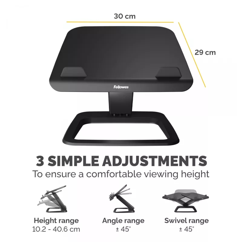 Podstawka pod laptopa Fellowes na biurko – Hana LT – podstawka pod laptopa do domu i biura – regulowana podstawka pod laptopa z 3 poziomami regulacji wysokości – maks. rozmiar monitora 19 cali, maks. waga 4,5 kg – czarna